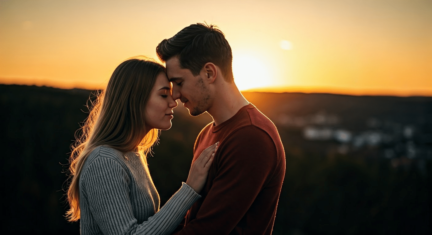 Couple enjoying intimate moments outdoors at sunset